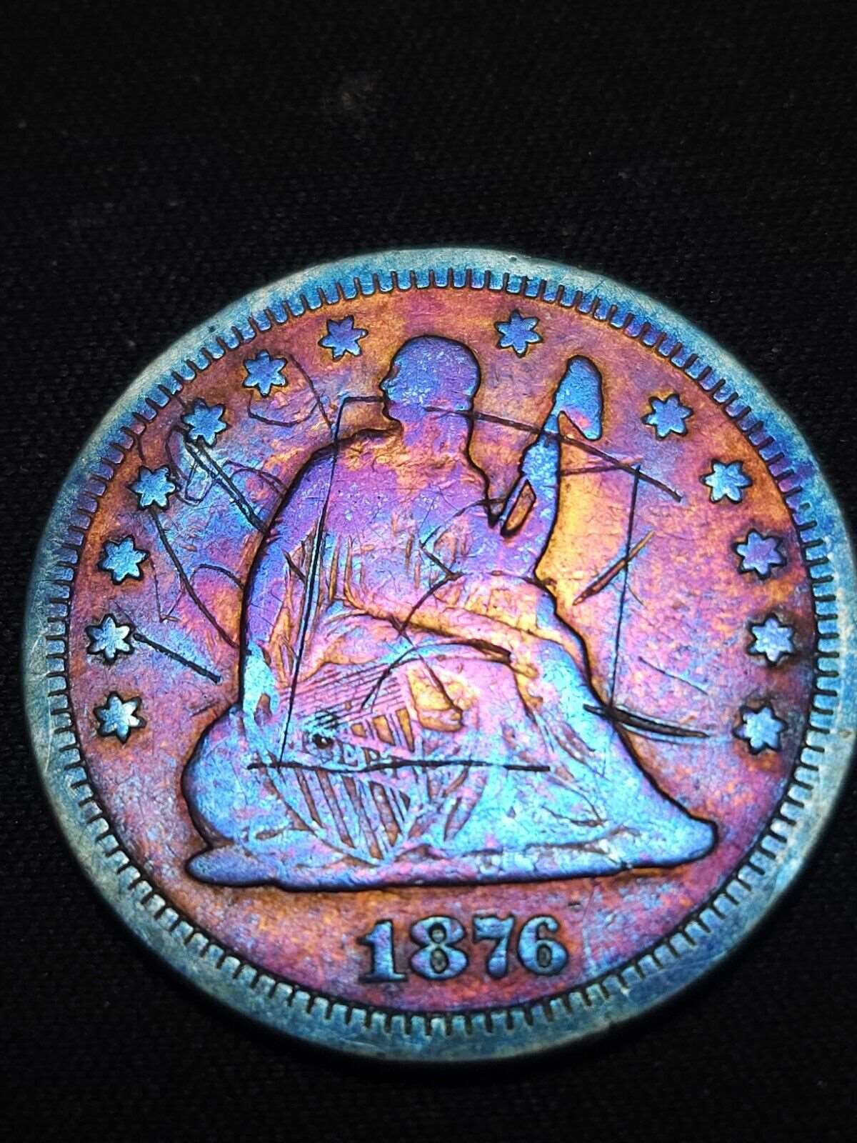 1876 Seated Liberty Quarter Toned Details