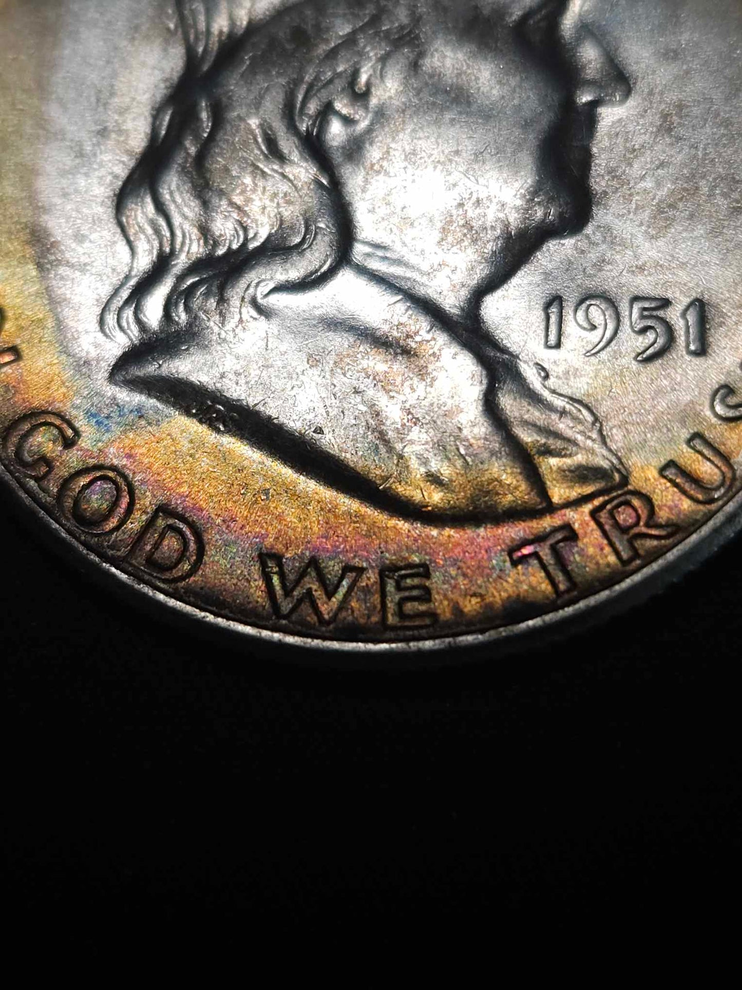 1951 Franklin Half Dollar Bu Rainbow Toned Errors & Oddities
