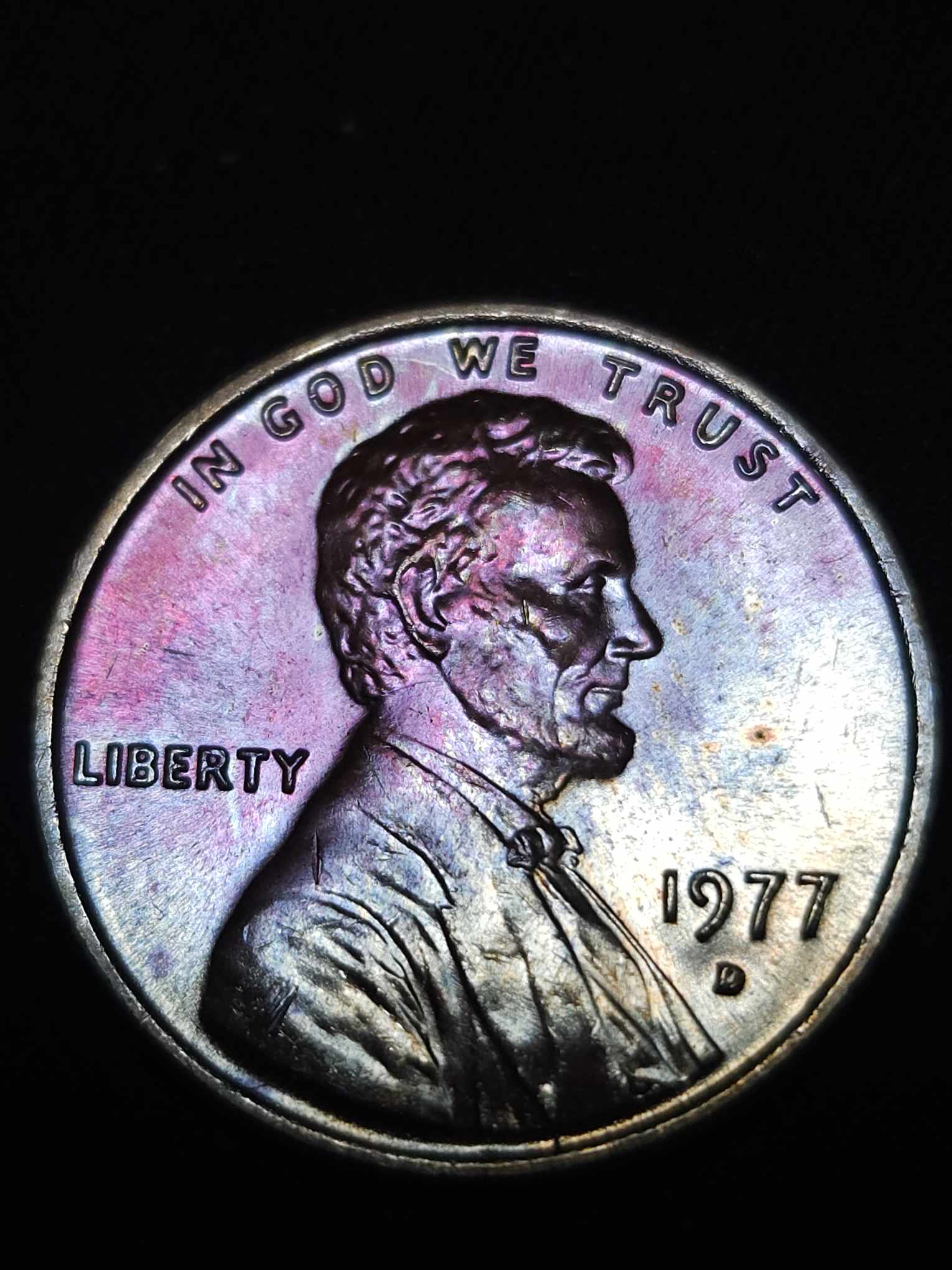1977 D Lincoln Memorial Cent Bu Rainbow Toned Errors & Oddities
