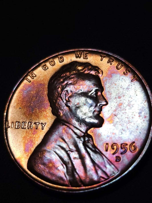1956-D Rainbow Toned Lincoln Wheat Cent Bu