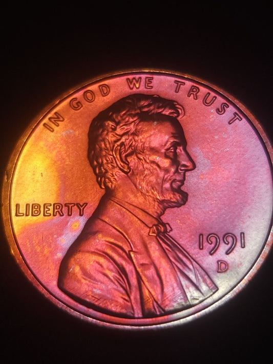 1991-D Rainbow Toned Lincoln Memorial Cent Bu Errors & Oddities