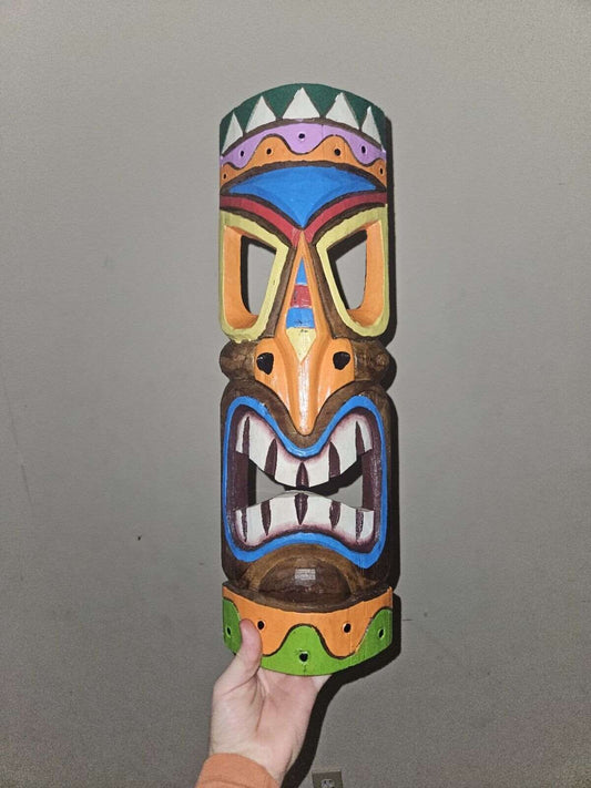 Tiki mask wood carving ~ Hand carved & painted wall hanging ornament 50cm long