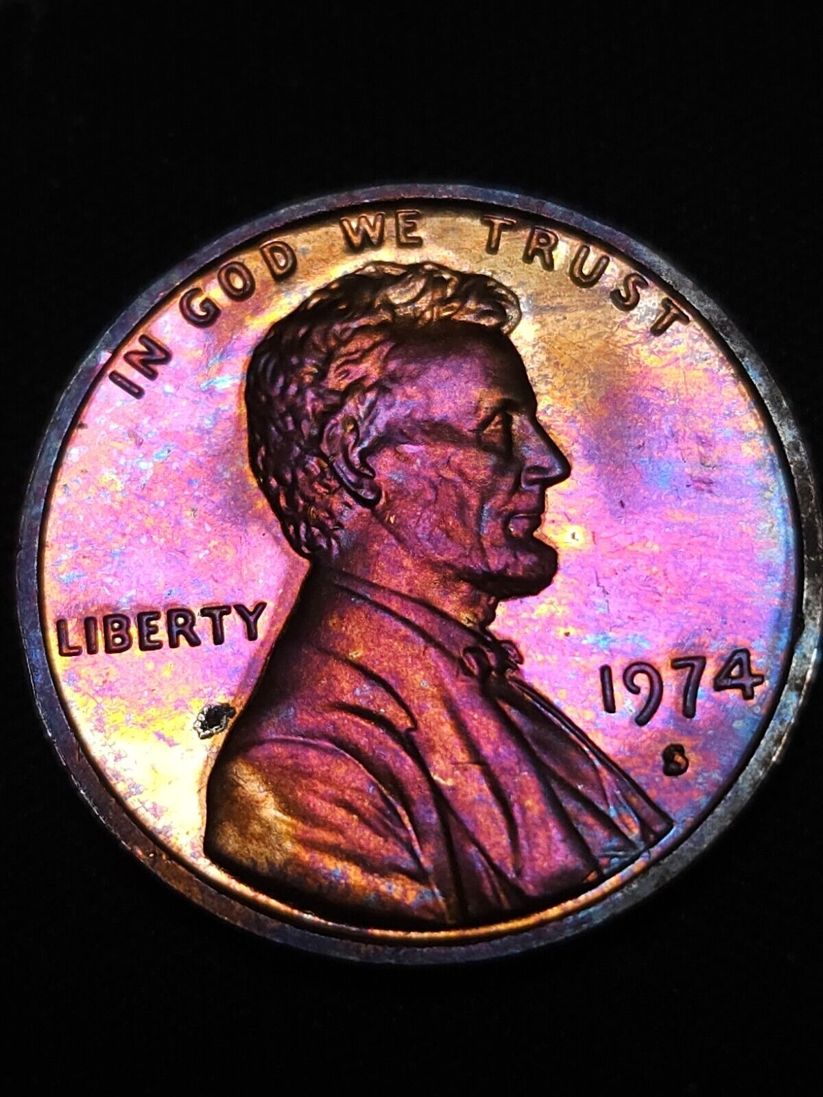 1974 S Lincoln Memorial Penny Proof Rainbow Toned