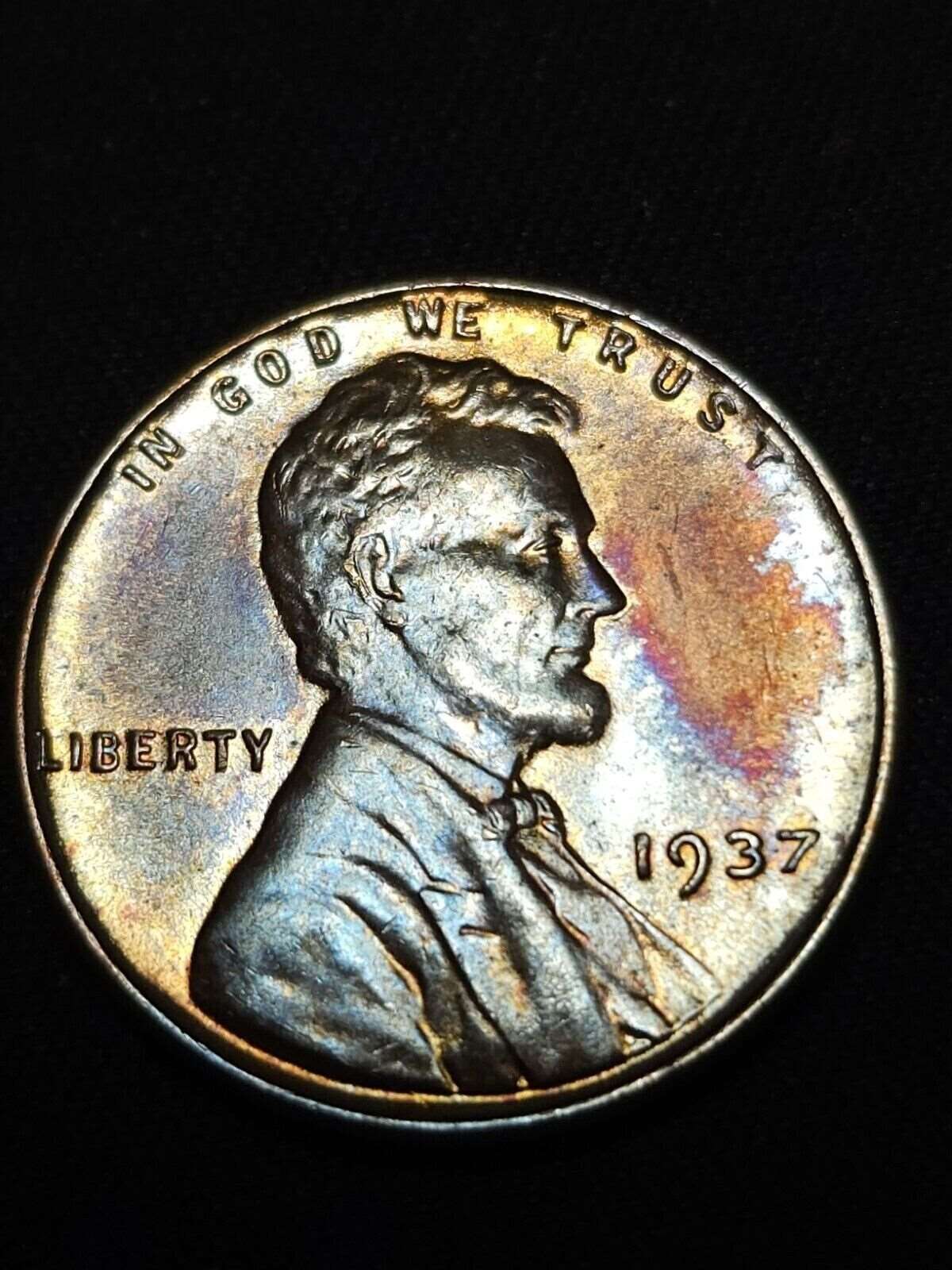 1937 Lincoln Wheat Cent Bu Rainbow Toned