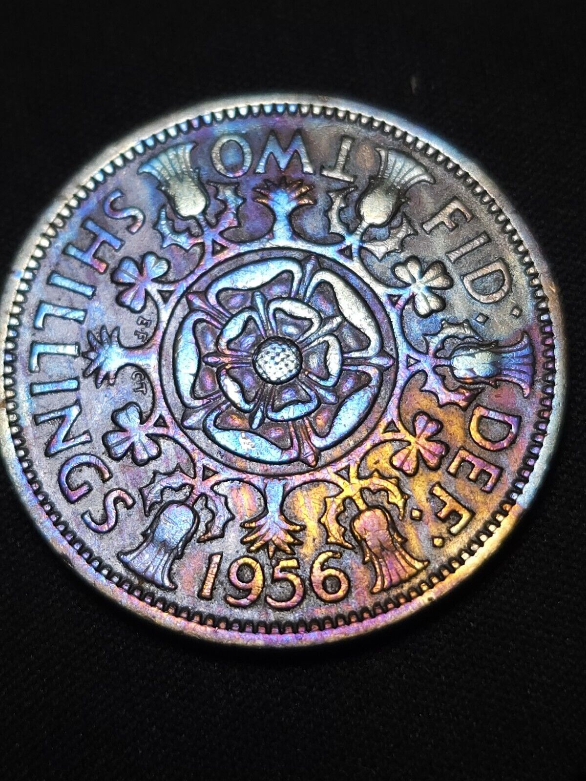 Great Britain Florin Two Shillings 1956 Rainbow Toned