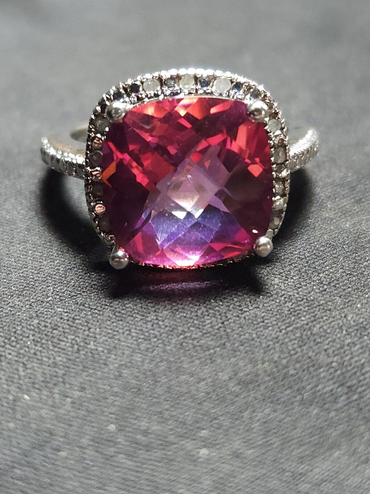 925 Sterling Silver Pink Topaz Halo Ring With Diamonds Size 8