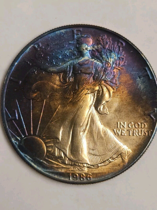 1986 American Silver Eagle Bu Rainbow Toned OGP