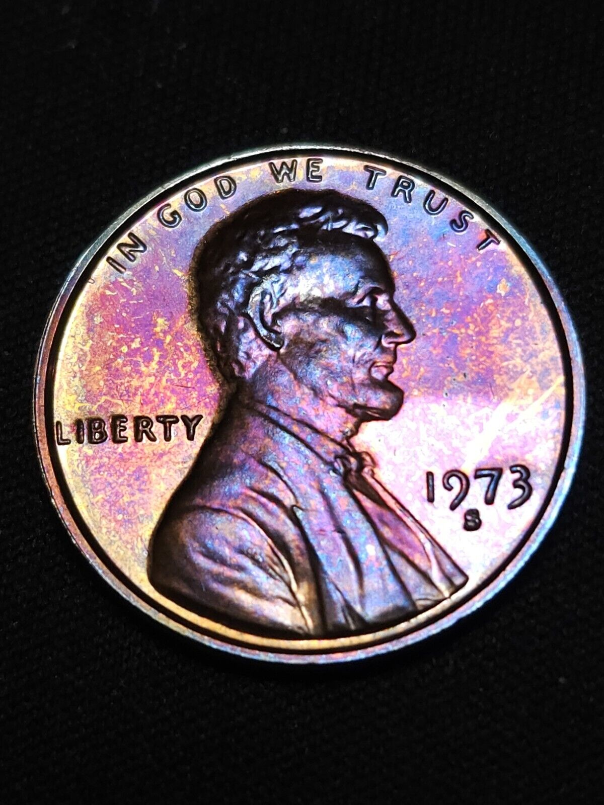 1973 S Lincoln Memorial Penny Proof Bu Rainbow Toned