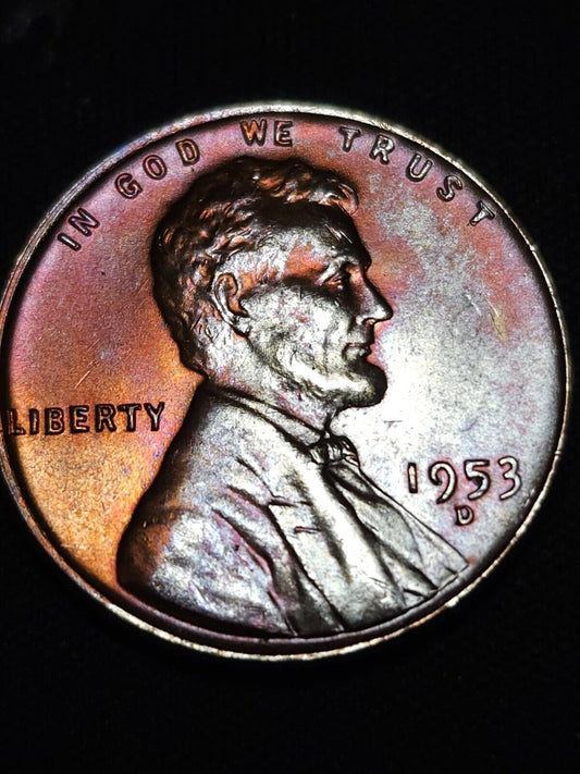 1953 D Lincoln Wheat Penny Bu Rainbow Toned