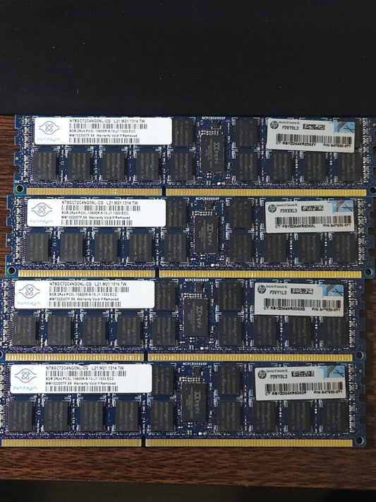 LOT OF 4 Nanya NT8GC72C4NG0NL-CG 8GB 2Rx4 PC3L-10600R Server Memory RAM 32GB Nanya