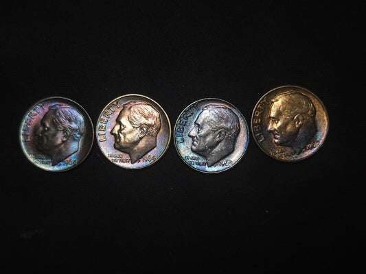 1962,1962d,1964,1964d Roosevelt Dime Bu Rainbow Toned Lot