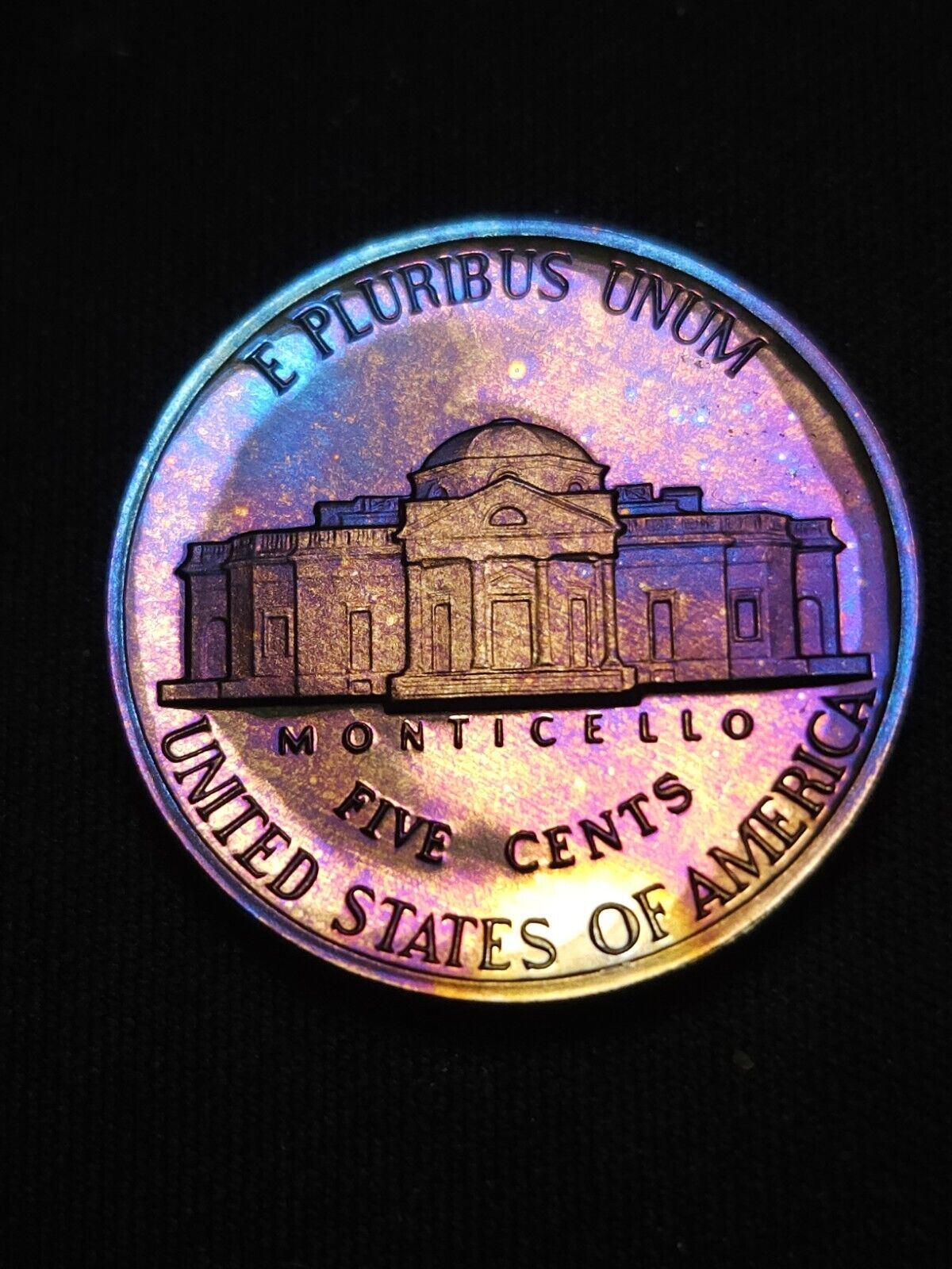 1986 S Proof Jefferson Nickel Rainbow Toned