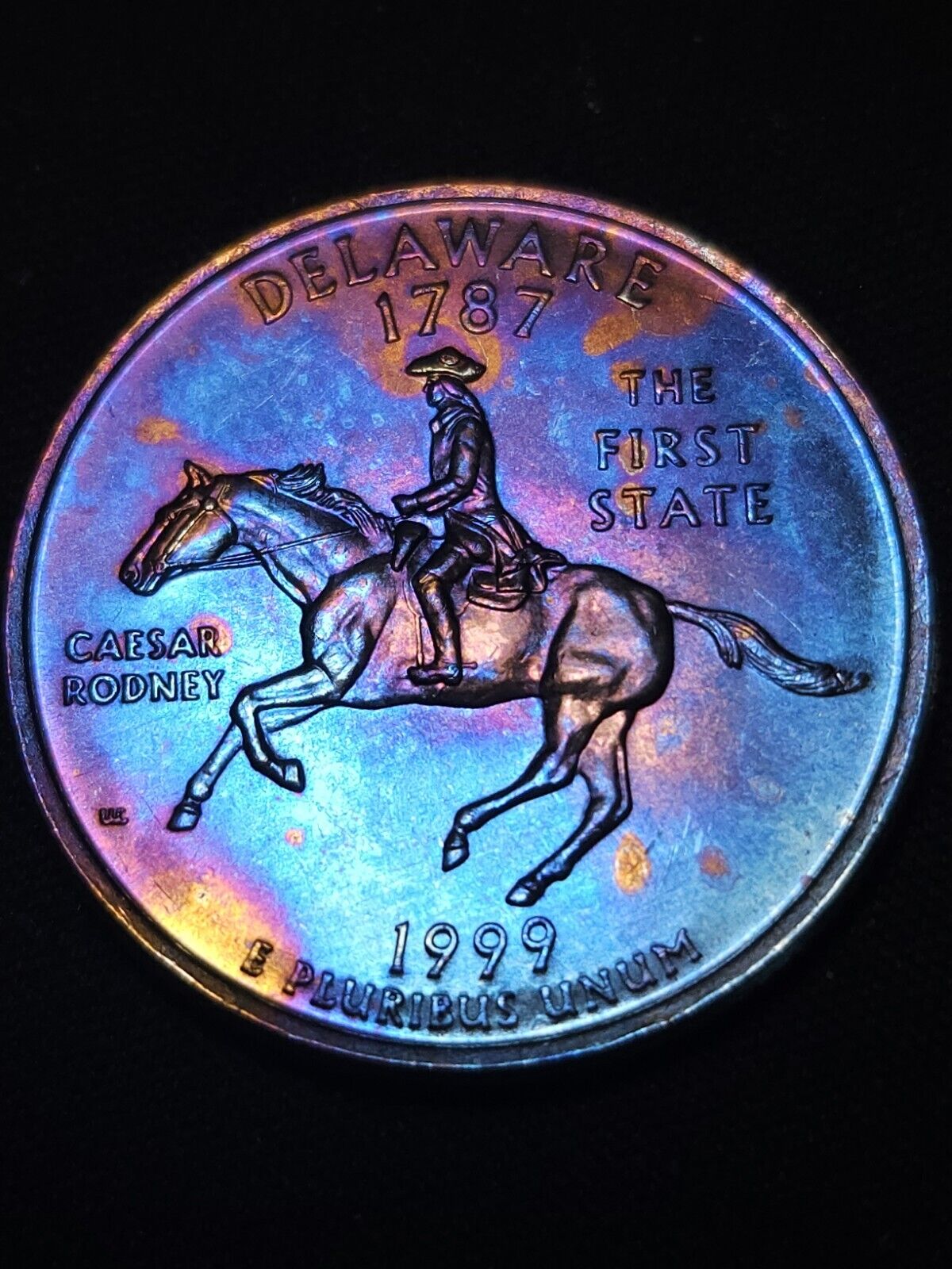 1999 D Delaware State Quarte Bu Rainbow Toned