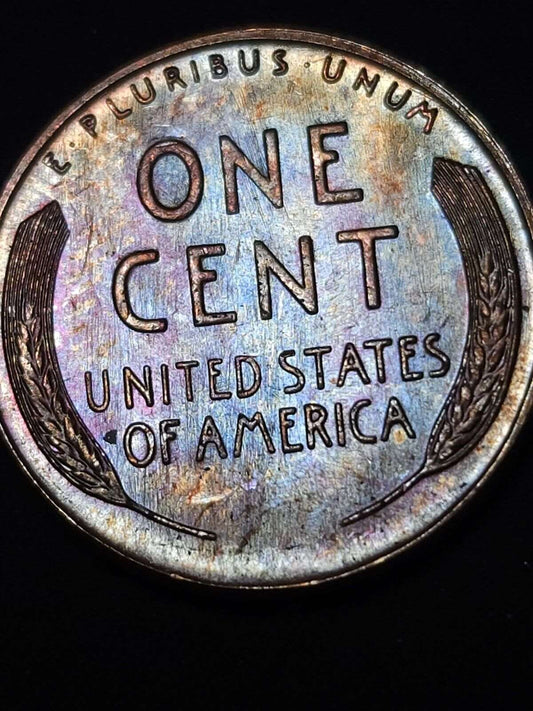 1954-S Lincoln Wheat Cent Bu Rainbow Toned