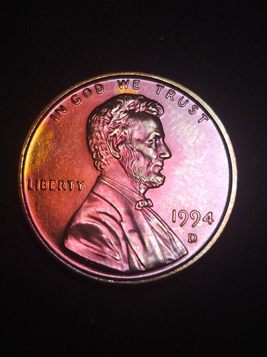 1994-D Rainbow Toned Lincoln Memorial Cent Bu Errors & Oddities