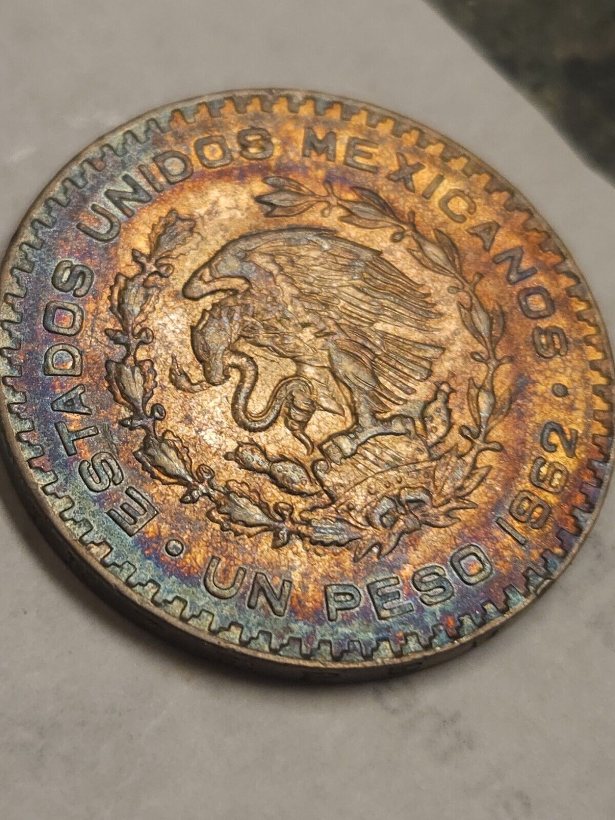 1962 Mo Mexico 1 Peso Rainbow Toned