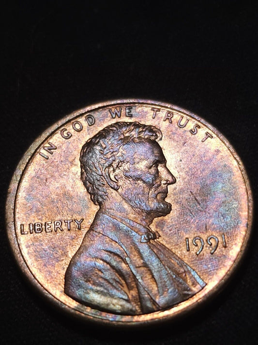 1991 Toned Gem Lincoln Memorial Cent  Off Center Errors & Oddities