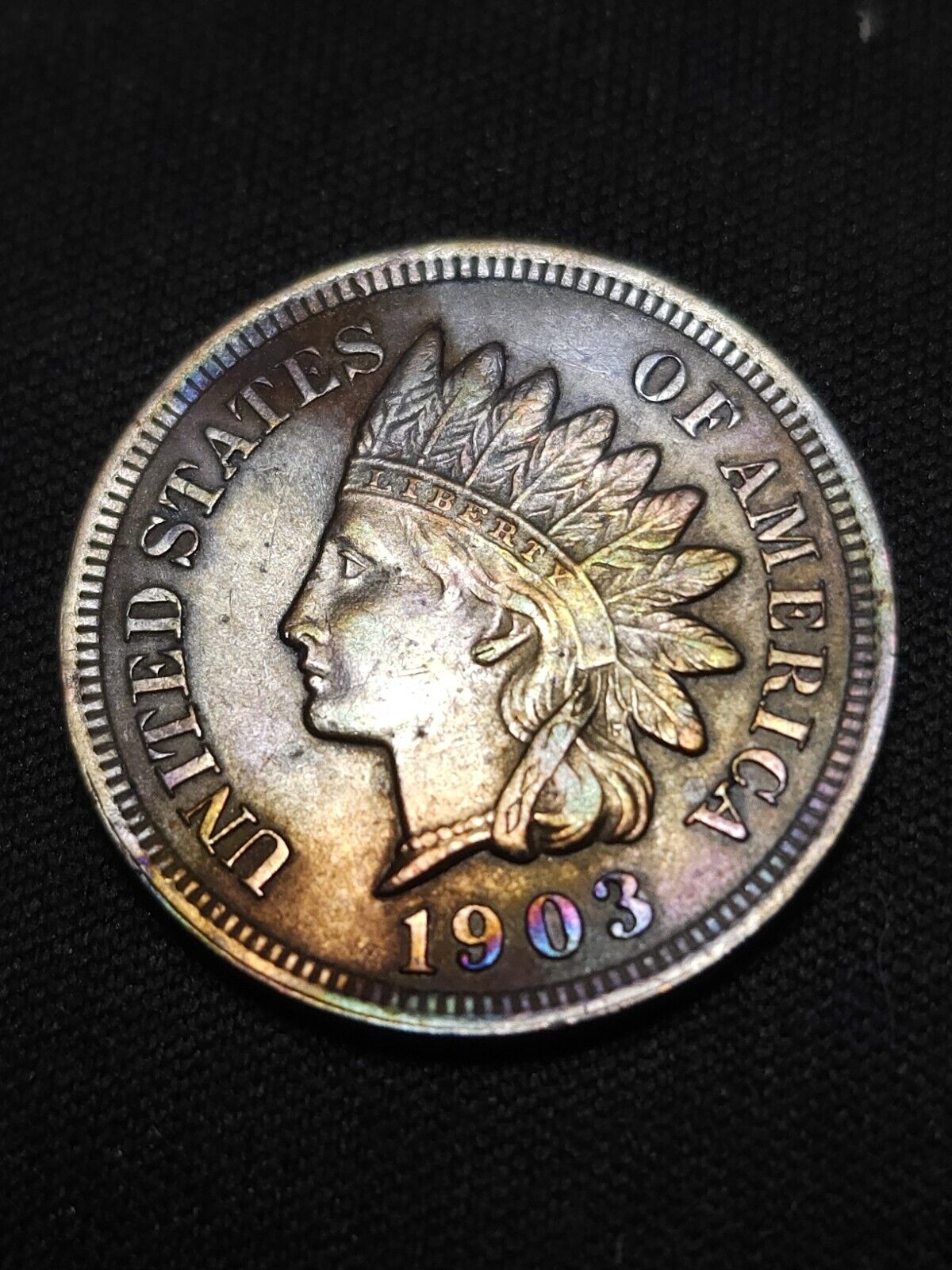 1903 Indian Head Penny Au Rainbow Toned