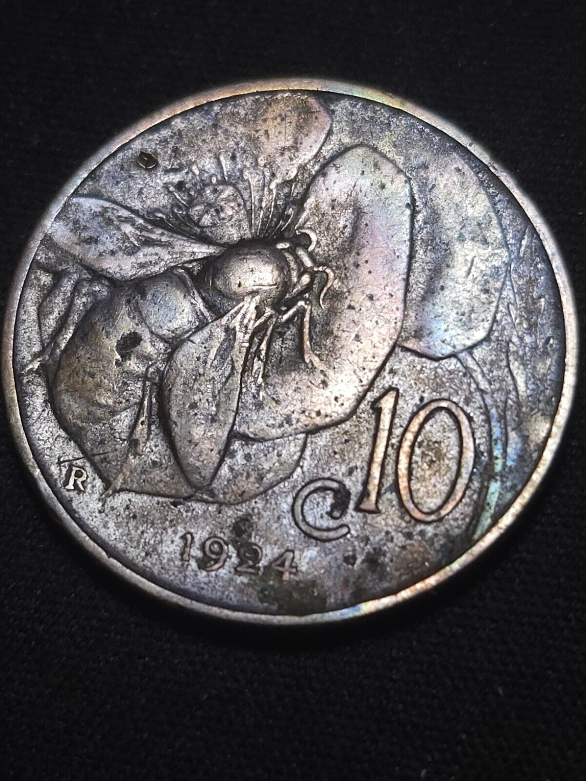 1924 10 Centesimi Honey Bee animal Vittorio Emanvele III Rainbow Toned