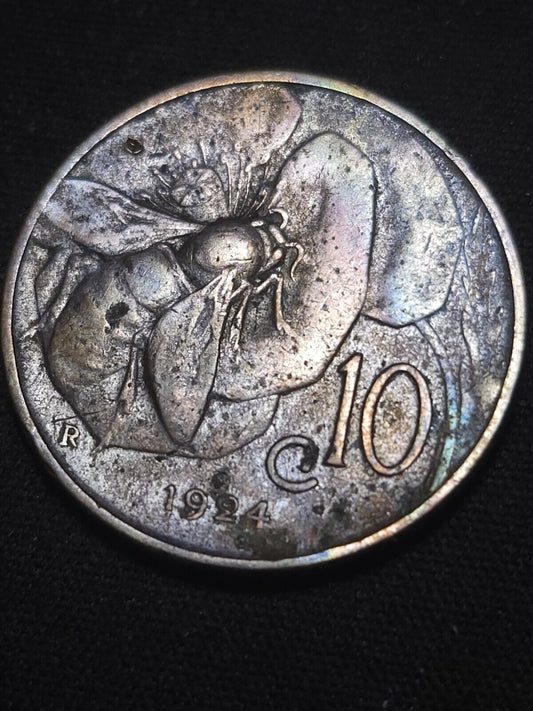 1924 10 Centesimi Honey Bee animal Vittorio Emanvele III Rainbow Toned