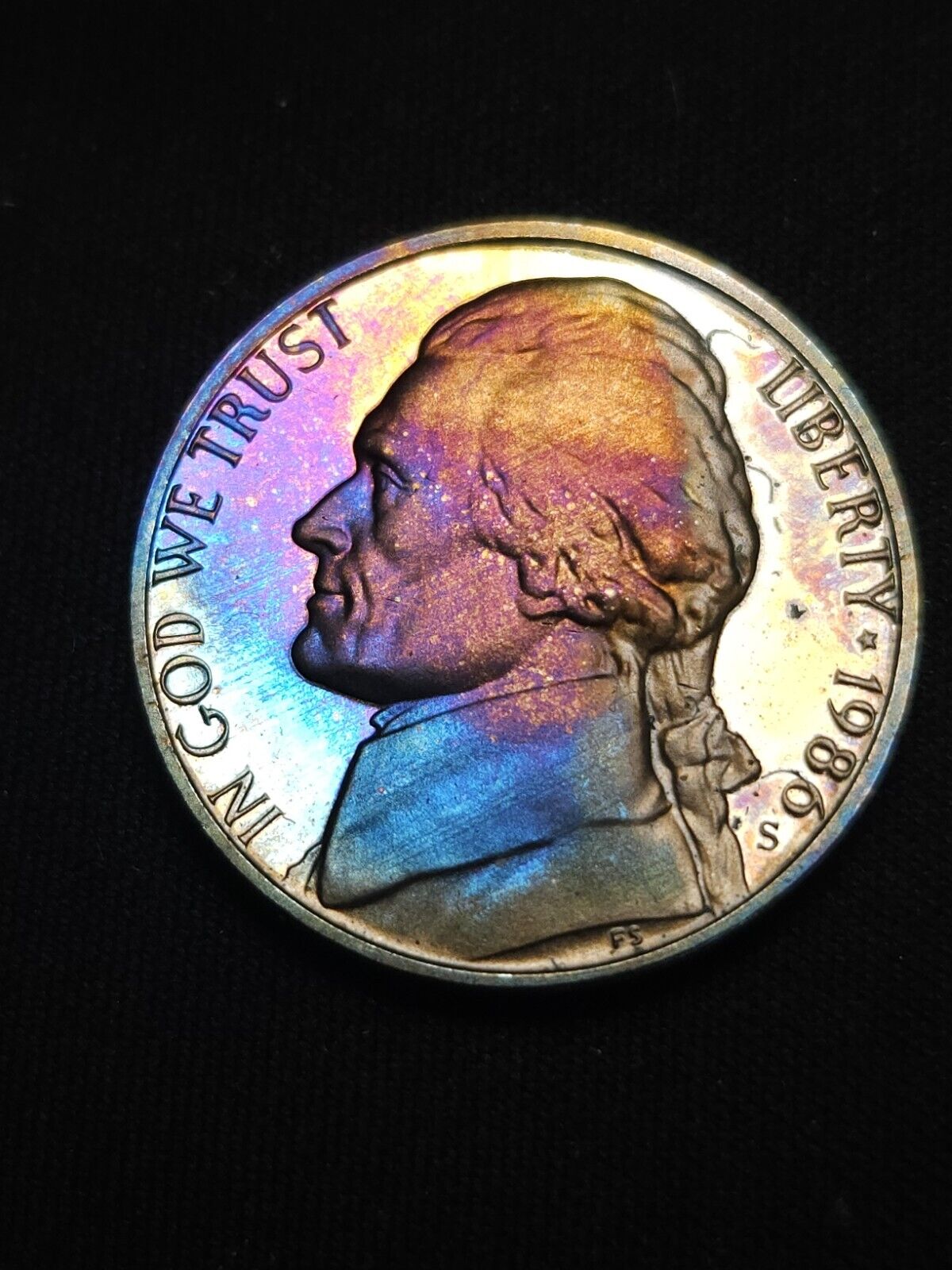 1986 S Proof Jefferson Nickel Rainbow Toned