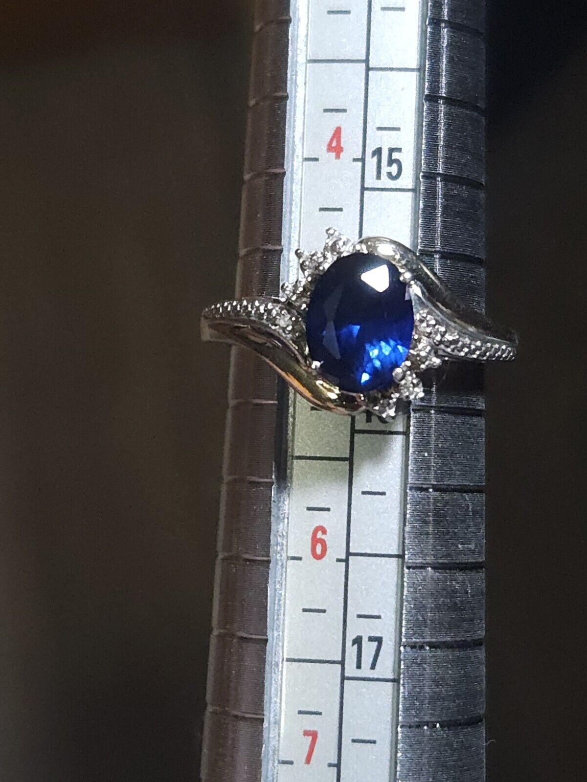 Sterling Silver 10k Gold Blue Sapphire and Diamond signed av Ring Size 5