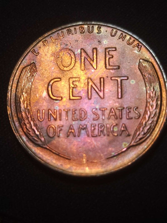 1954-S Rainbow Toned Lincoln Wheat Cent Bu