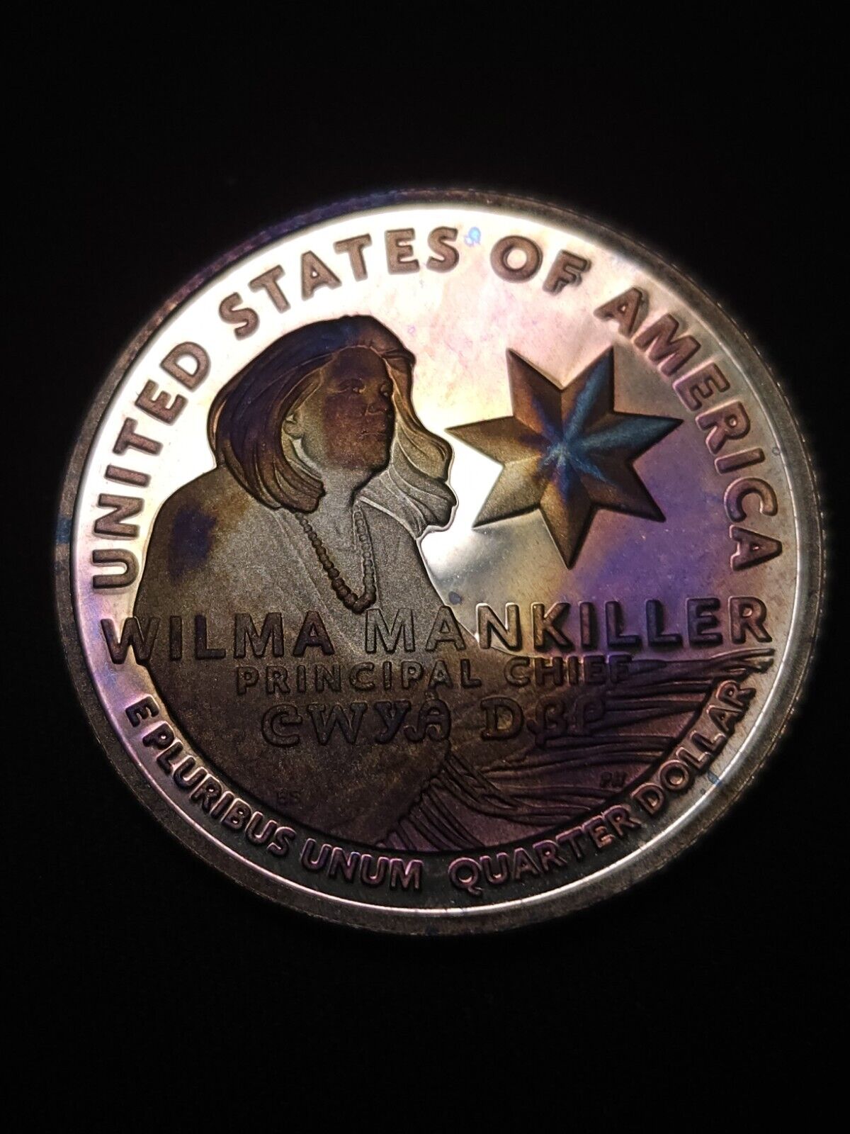 2022 S Proof Wilma Mankiller Quarte Silver Rainbow Toned