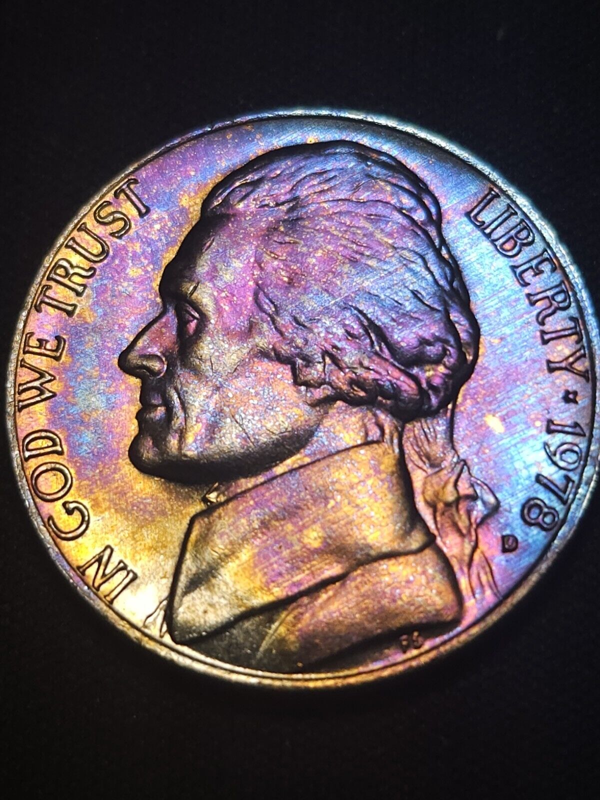 1978 D Jefferson Nickel Bu Rainbow Toned