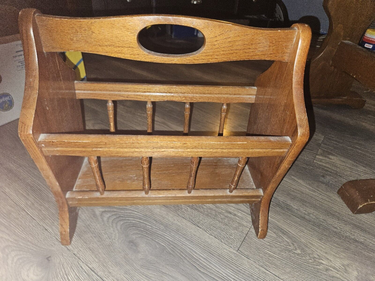 Vintage Solid Wood Spindle Magazine Rack w/ Handle Great Shape Colonial Style