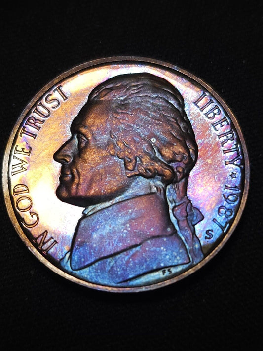 1987 S Proof Jefferson Nickel Rainbow Toned