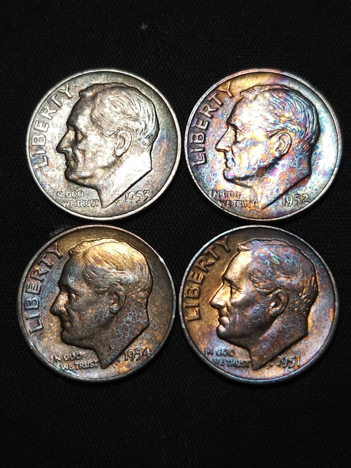 1951,1952,1953d,1954 Roosevelt Dime Lot Monster Toned