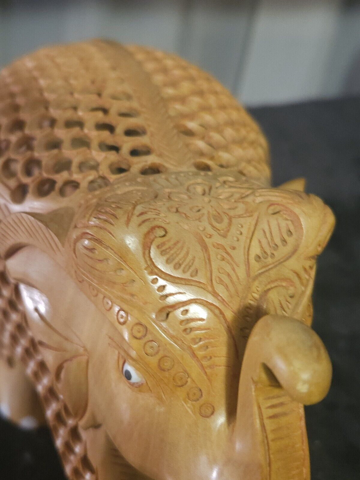 Benzara Hand Carved Wooden Elephant Statue With Cutout Work, Beige India Art Errors & Oddities
