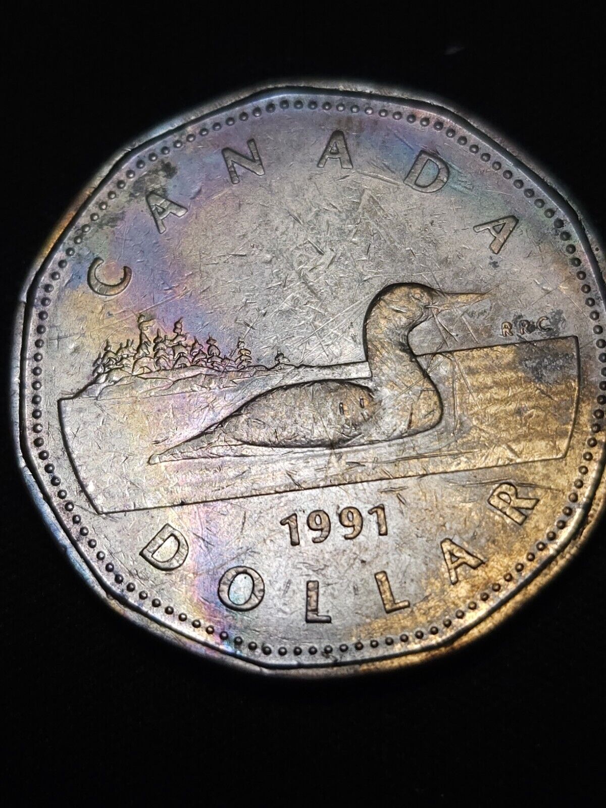 1991 Canadian Dollar Rainbow Toned