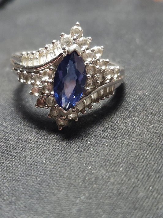 925 Sterling Silver Blue Spinel White Topaz Statement Anniversary Ring Size 8