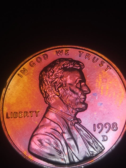 1998-D Rainbow Toned Lincoln Memorial Cent Bu Errors & Oddities