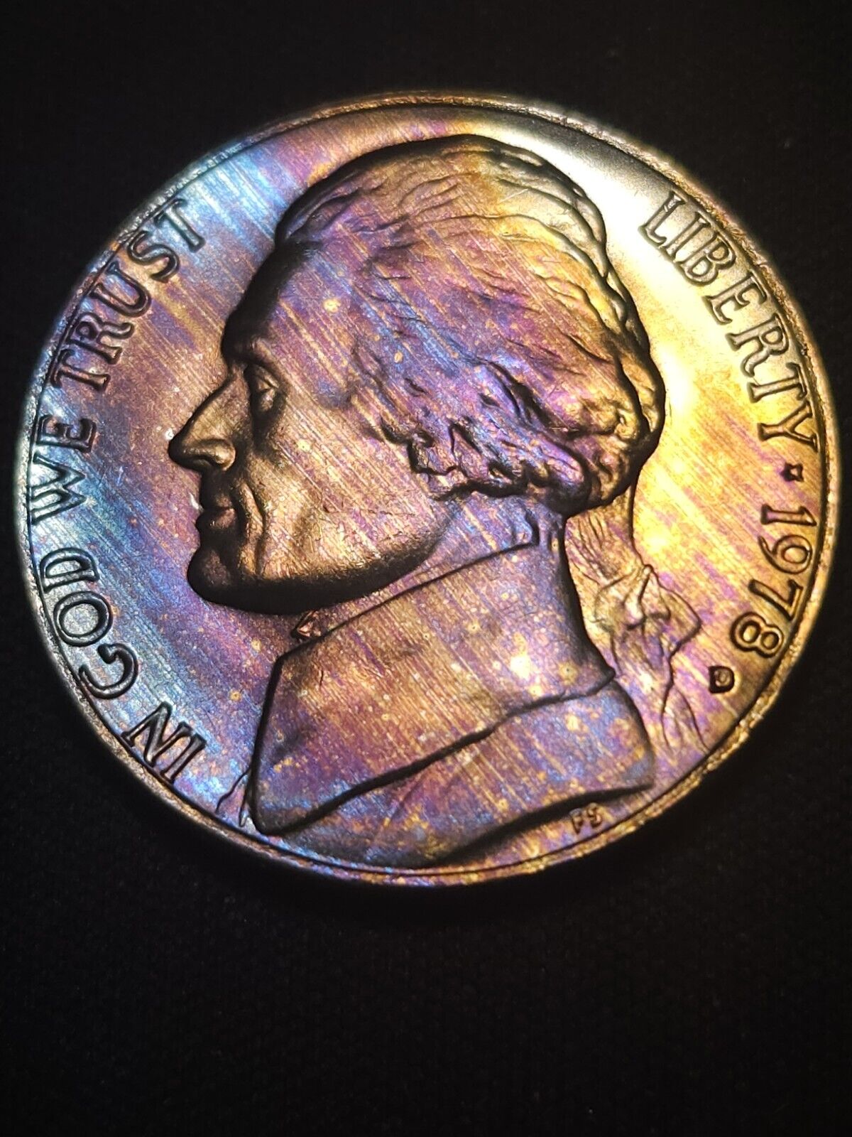 1978 D Jefferson Nickel Bu Rainbow Toned