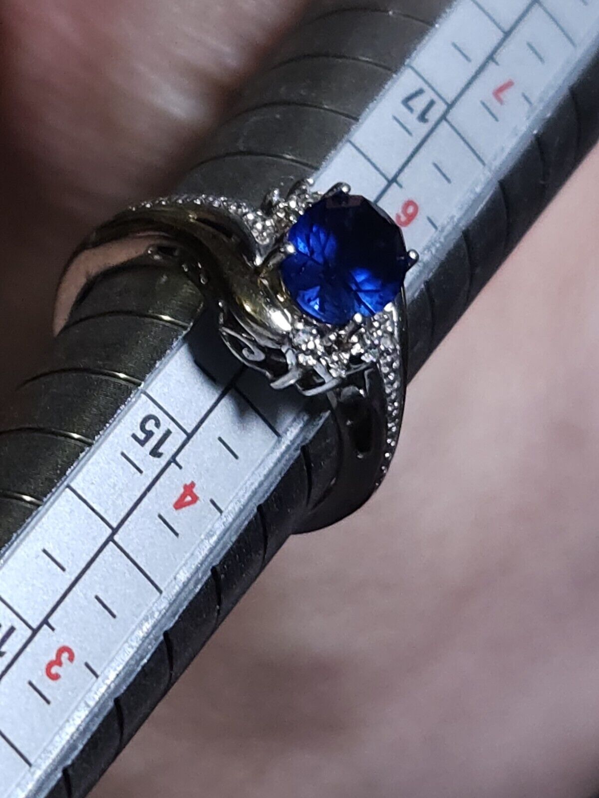 Sterling Silver 10k Gold Blue Sapphire and Diamond signed av Ring Size 5