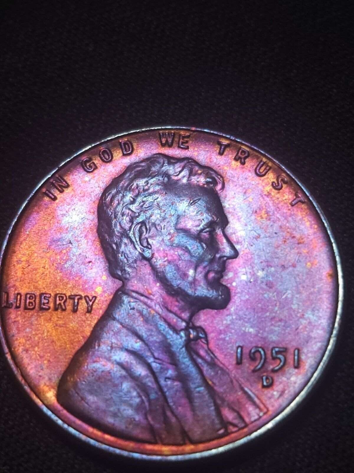 1951-D Rainbow Toned Lincoln Wheat Cent