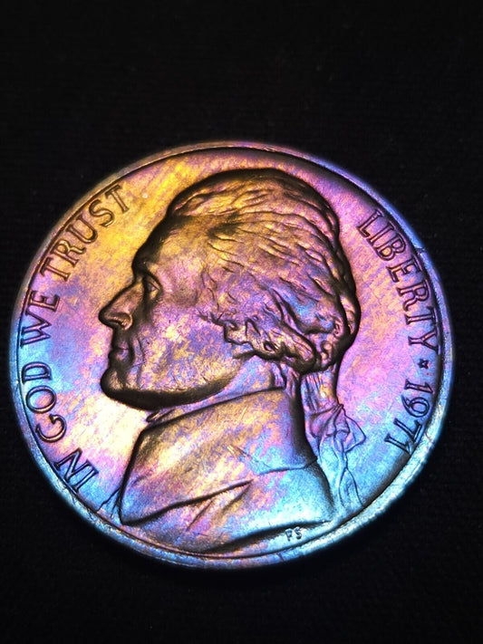 1971 Jefferson Nickel Bu Rainbow Toned