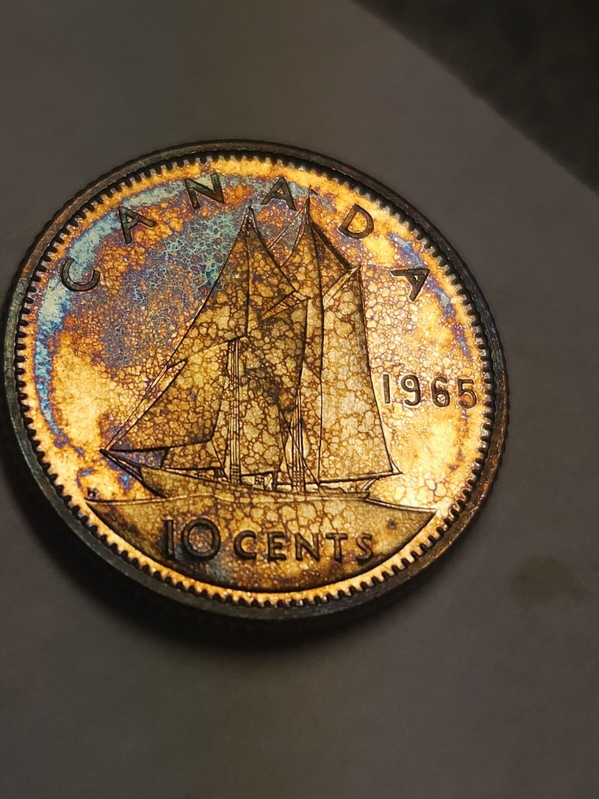 1965 Canadian Dime Bu Rainbow Toned  PL