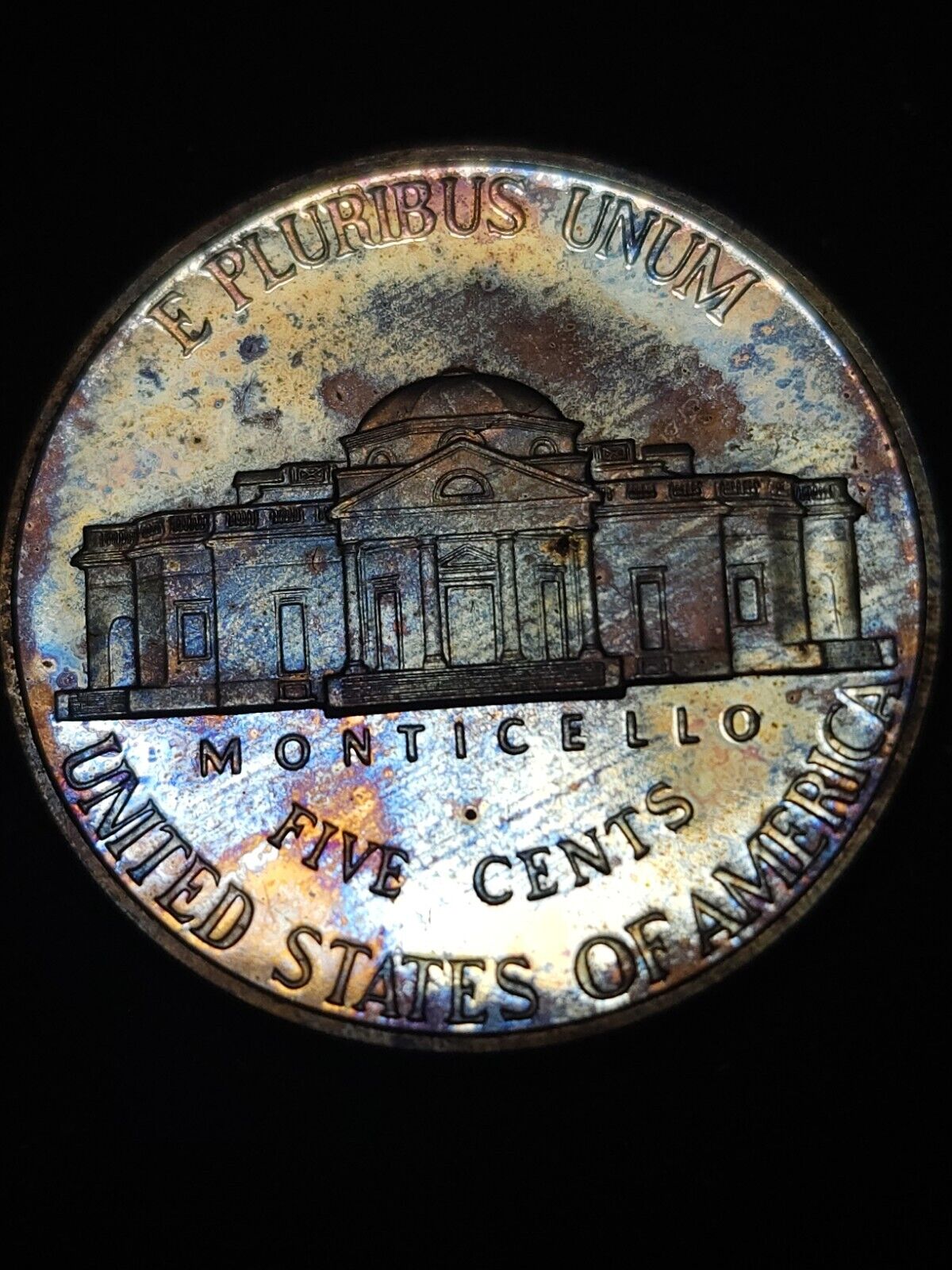 1999 S Proof Jefferson Nickel Rainbow Toned