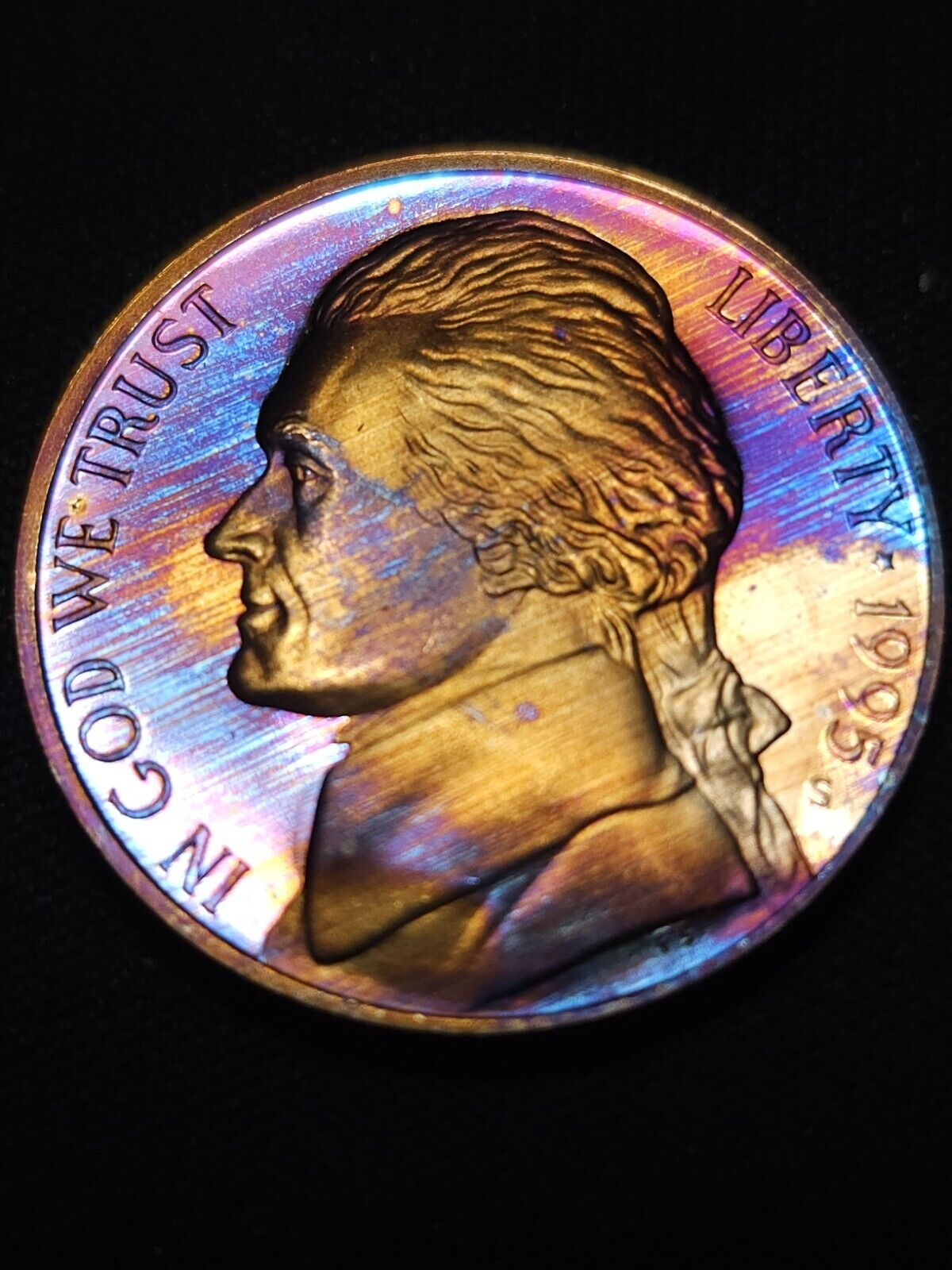 1995 S Jefferson Nickel Proof Bu Rainbow Toned