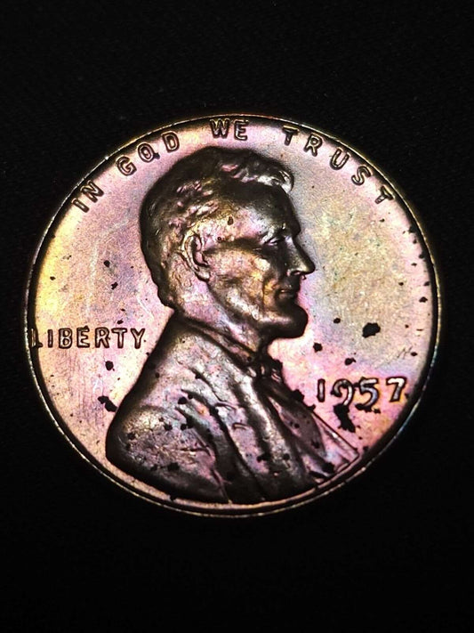 1957 Lincoln Wheat Cent Bu Rainbow Toned