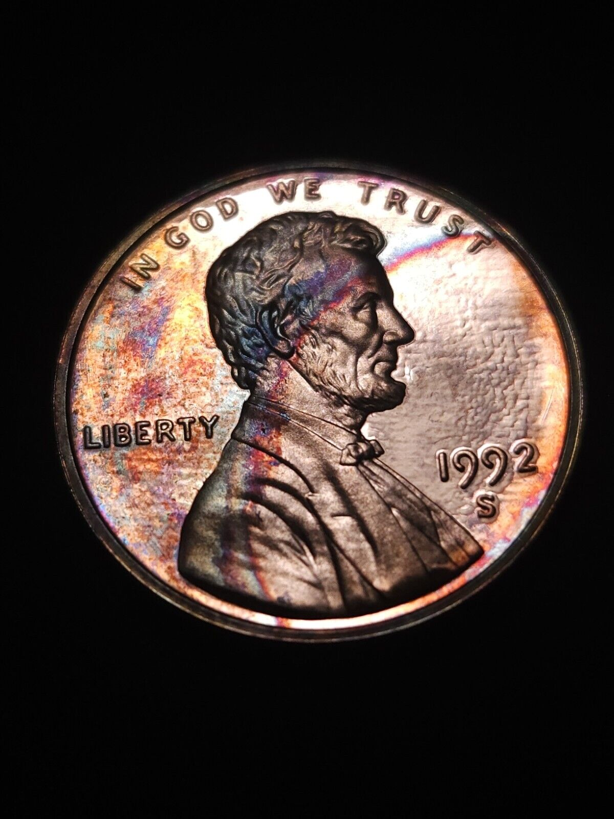 1992 S Bu Gem Rainbow Toned Lincoln Memorial Cent Proof - ErrorsandOddities33