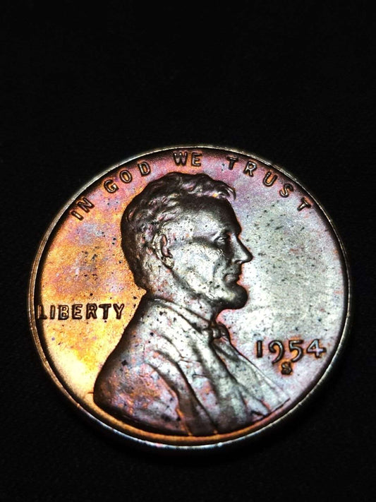 1954-S Rainbow Toned Lincoln Wheat Cent Bu