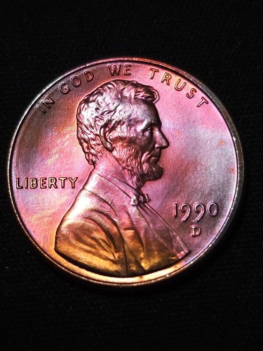 1990-D Rainbow Tone Lincoln Memorial Cent Bu Errors & Oddities