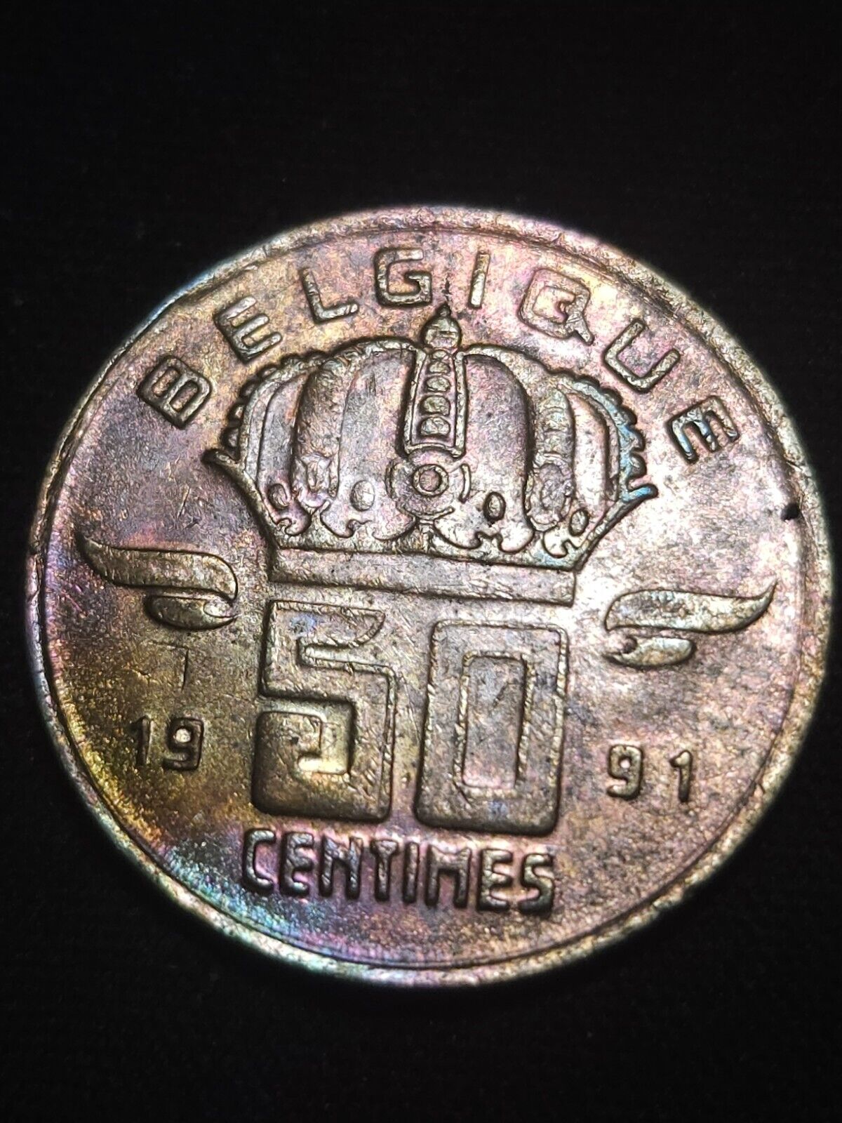 Belgium 50 Centimes 1991 Rainbow Toned