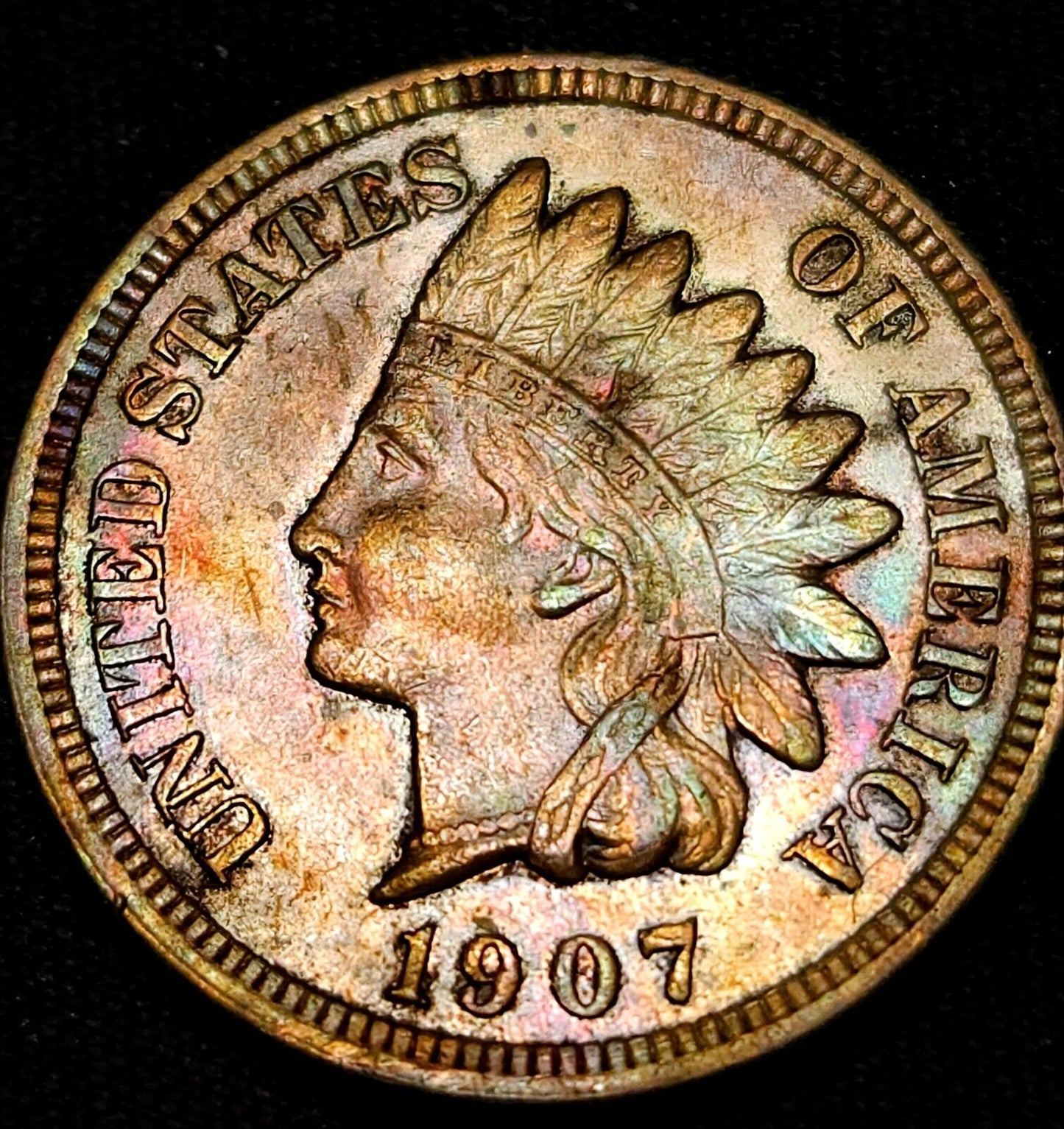 1907 Indian Head Cen Bu Rainbow Toned 4 Diamonds