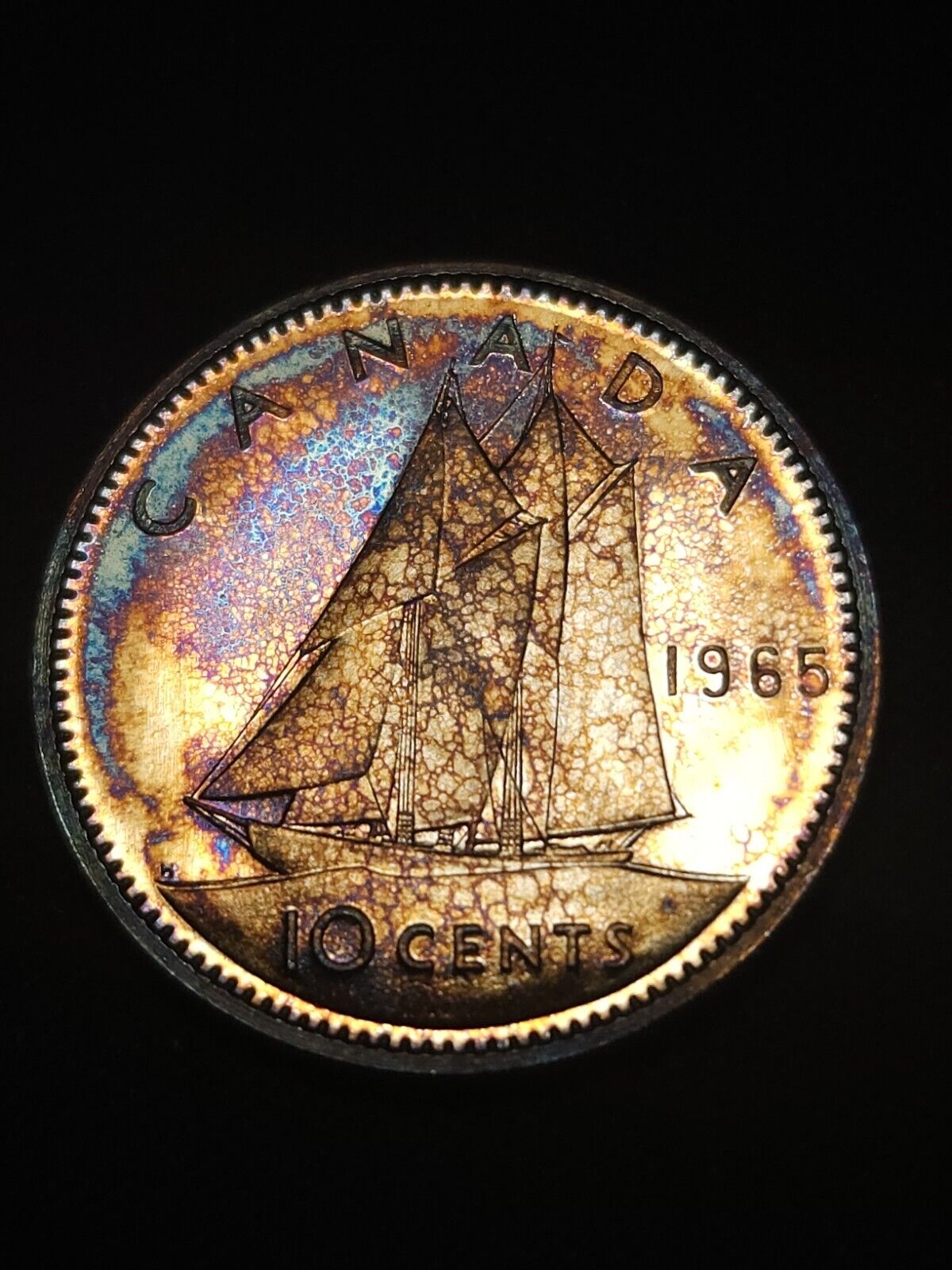 1965 Canadian Dime Bu Rainbow Toned  PL